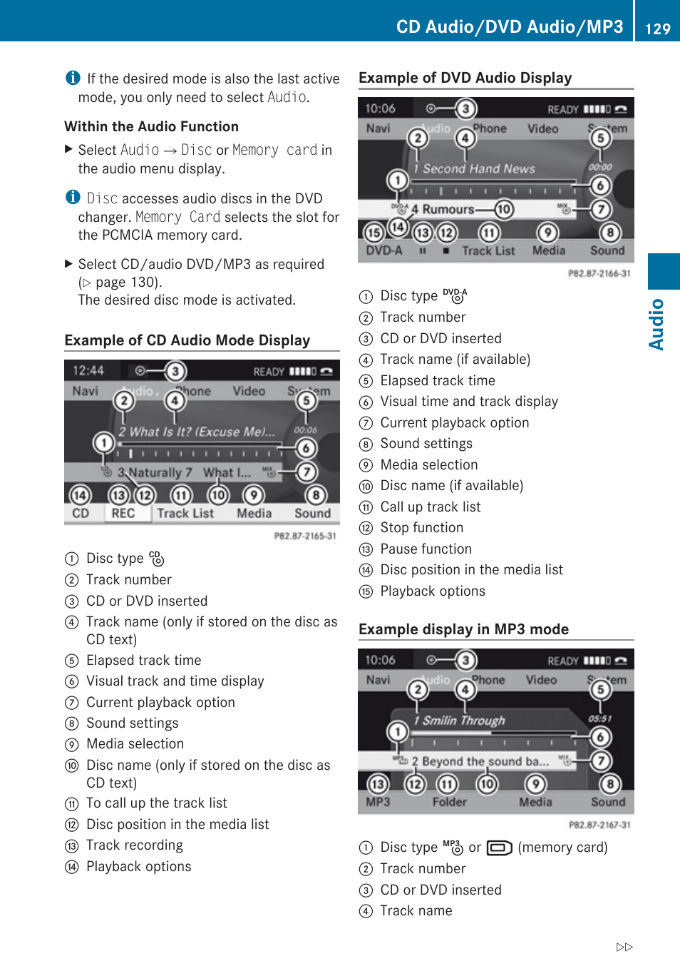 Audio, Cd audio/dvd audio/mp3 | Mercedes-Benz C-Class 2010 COMAND Manual User Manual | Page 131 / 212