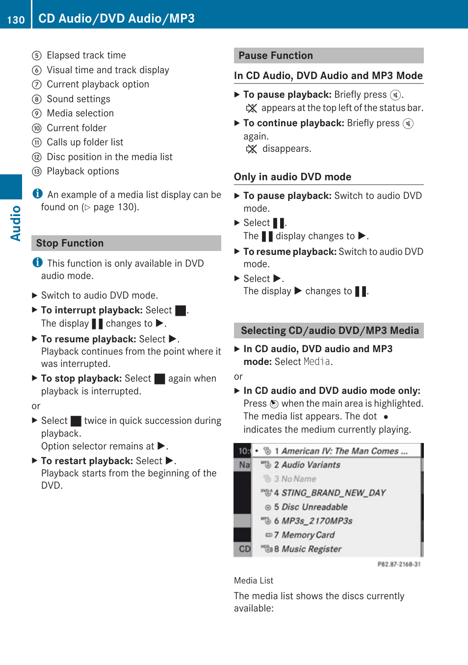 Stop function, Pause function, Selecting cd/audio dvd/mp3 media | Media, Audio, Cd audio/dvd audio/mp3 | Mercedes-Benz C-Class 2010 COMAND Manual User Manual | Page 132 / 212