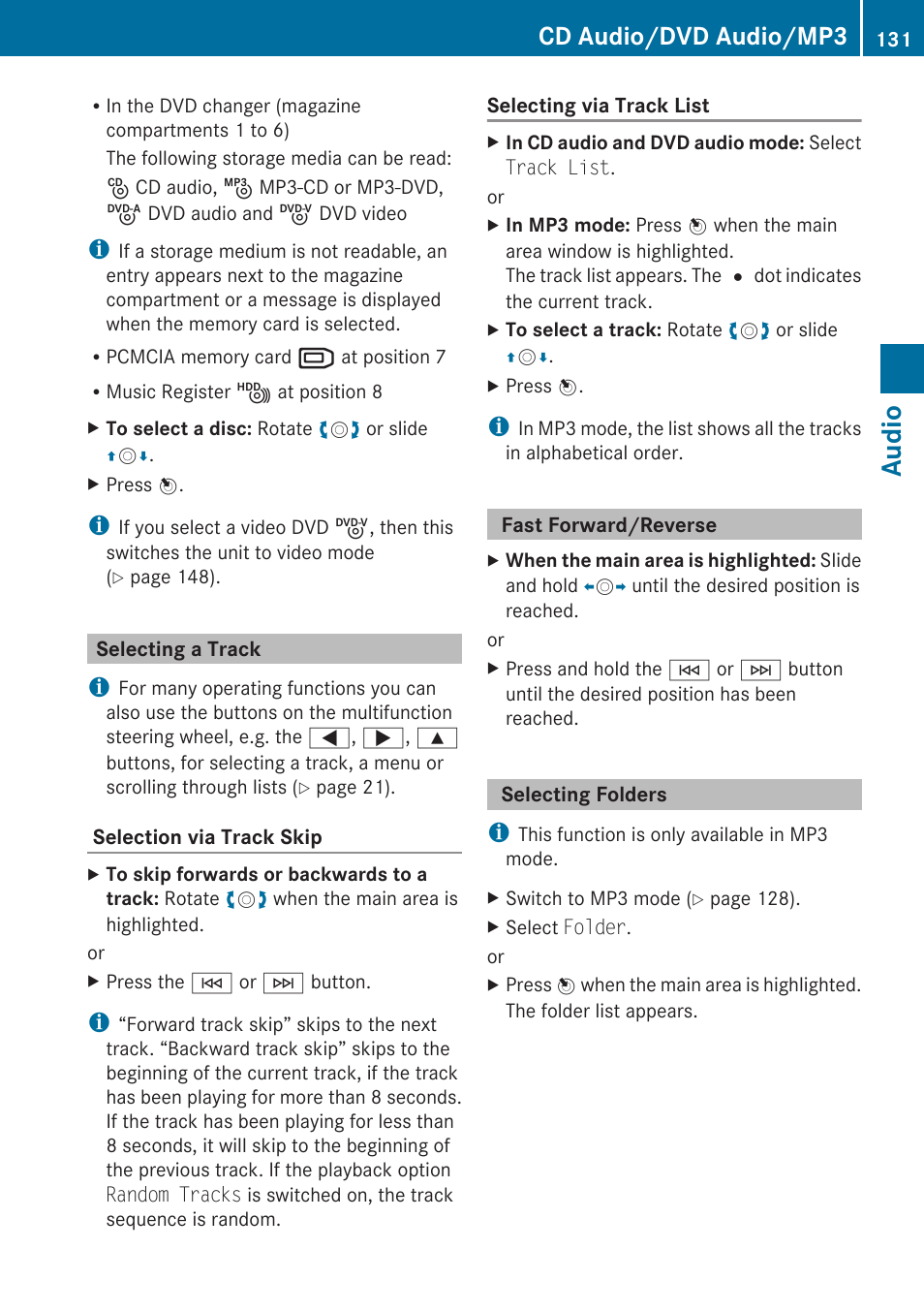 Selecting a track, Fast forward/reverse, Selecting folders | Audio, Cd audio/dvd audio/mp3 | Mercedes-Benz C-Class 2010 COMAND Manual User Manual | Page 133 / 212