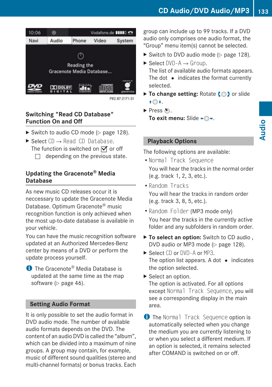 Setting audio format, Playback options, Audio | Cd audio/dvd audio/mp3 | Mercedes-Benz C-Class 2010 COMAND Manual User Manual | Page 135 / 212