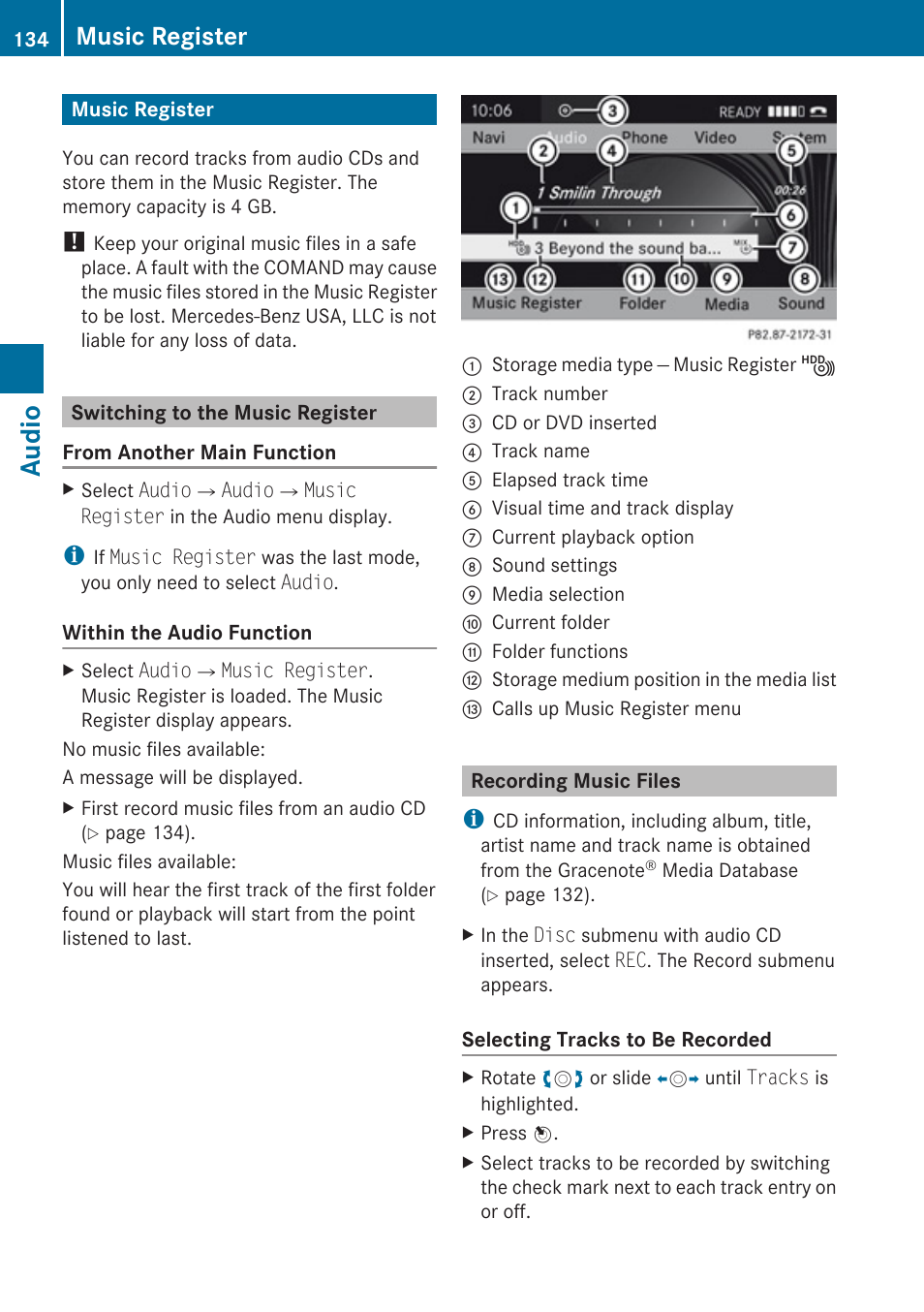 Music register, Switching to the music register, Recording music files | Audio | Mercedes-Benz C-Class 2010 COMAND Manual User Manual | Page 136 / 212