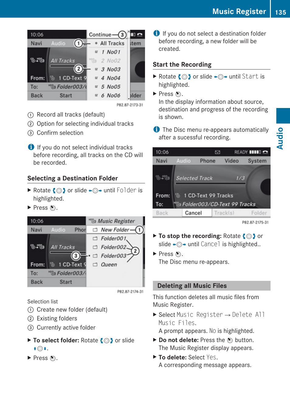 Deleting all music files, Audio, Music register | Mercedes-Benz C-Class 2010 COMAND Manual User Manual | Page 137 / 212