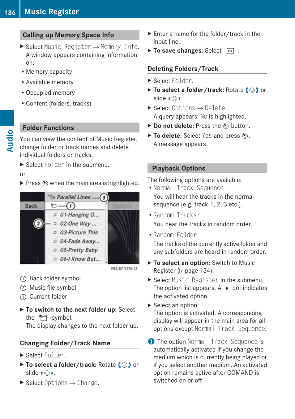 Calling up memory space info, Folder functions, Playback options | Audio, Music register | Mercedes-Benz C-Class 2010 COMAND Manual User Manual | Page 138 / 212