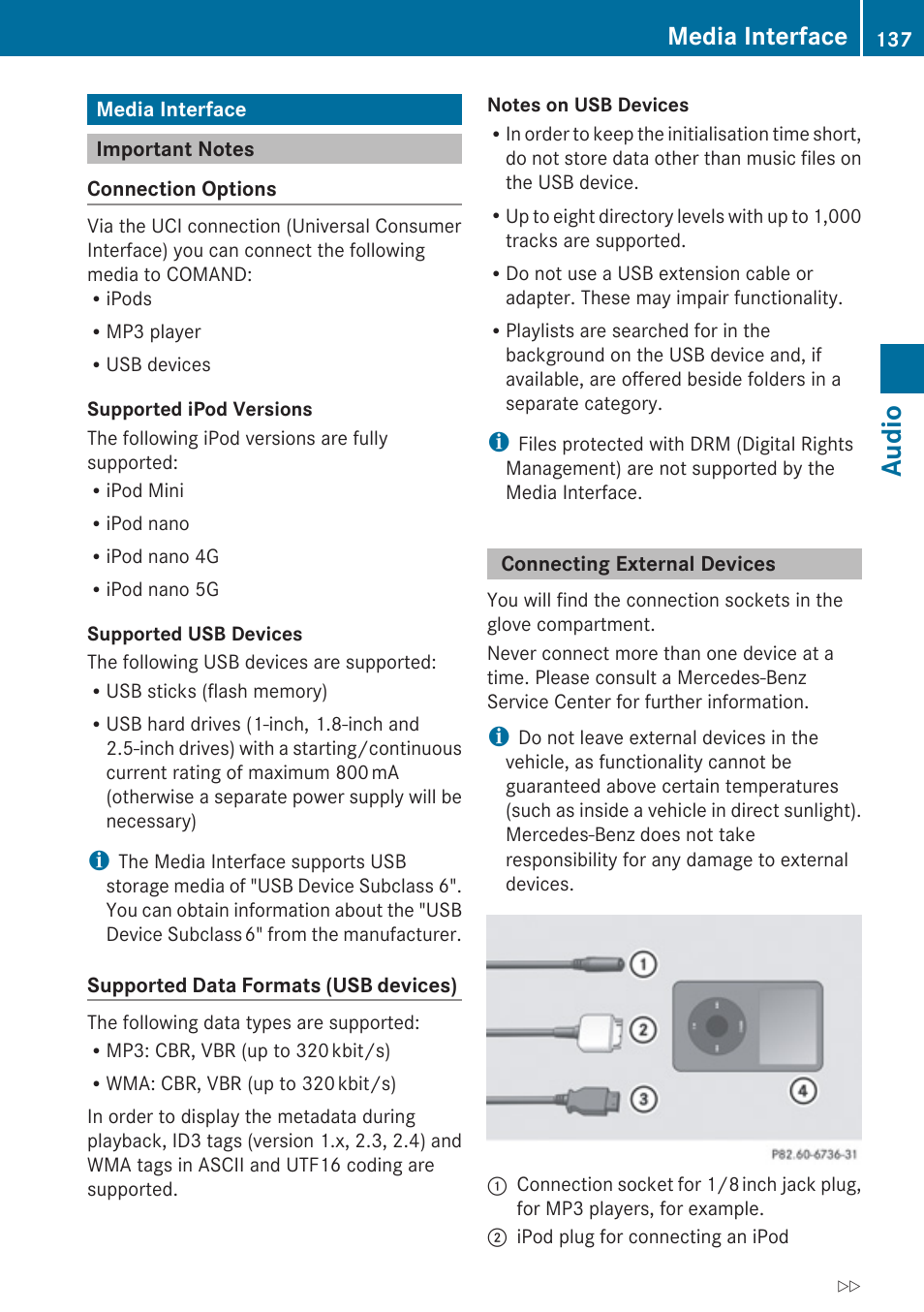 Media interface, Important notes, Connecting external devices | Audio | Mercedes-Benz C-Class 2010 COMAND Manual User Manual | Page 139 / 212