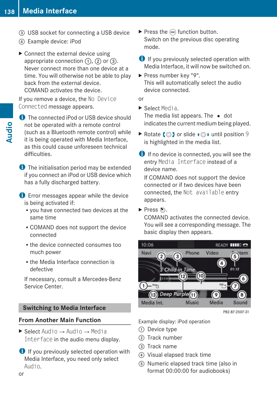 Switching to media interface, Audio, Media interface | Mercedes-Benz C-Class 2010 COMAND Manual User Manual | Page 140 / 212