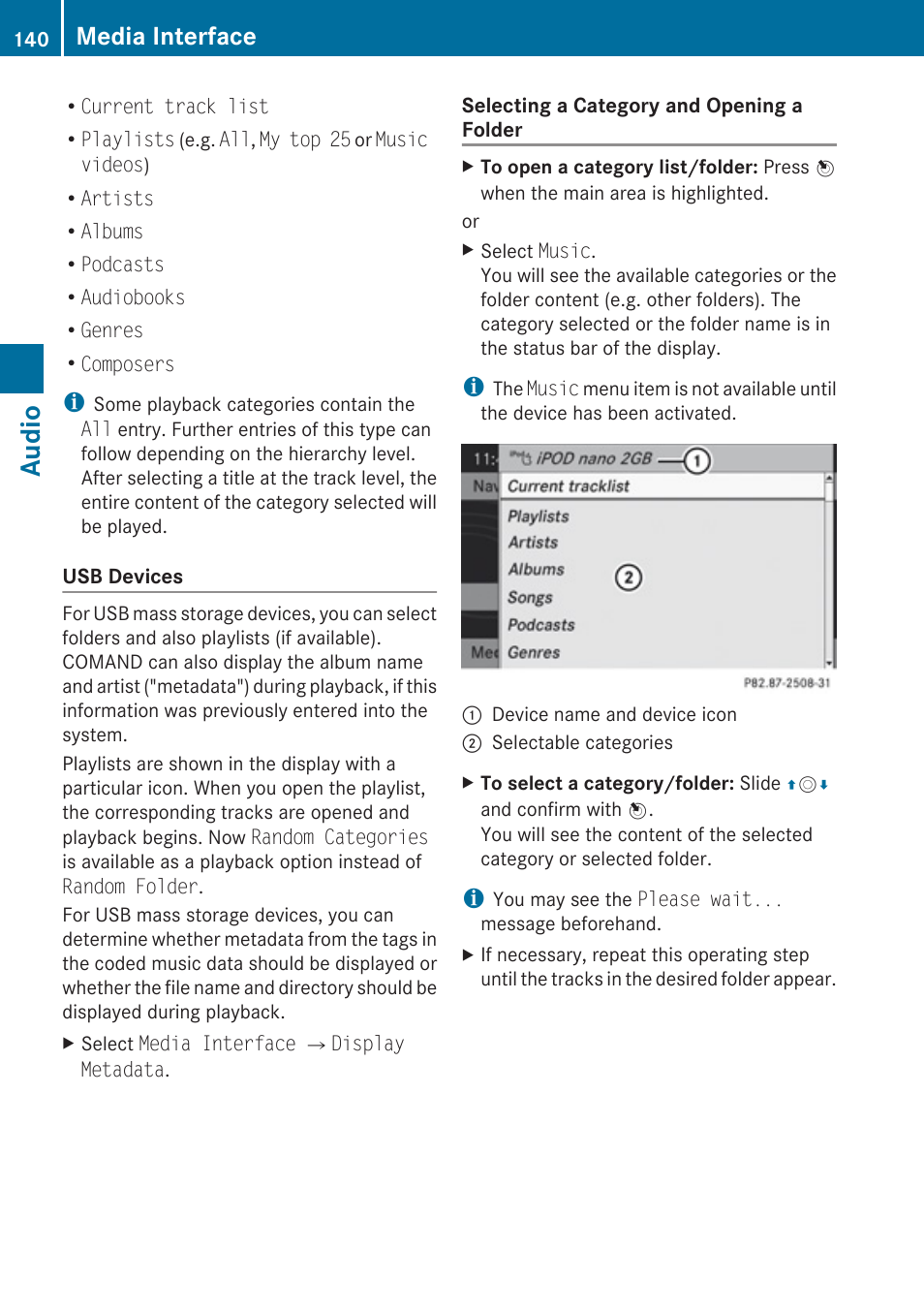 Audio, Media interface | Mercedes-Benz C-Class 2010 COMAND Manual User Manual | Page 142 / 212