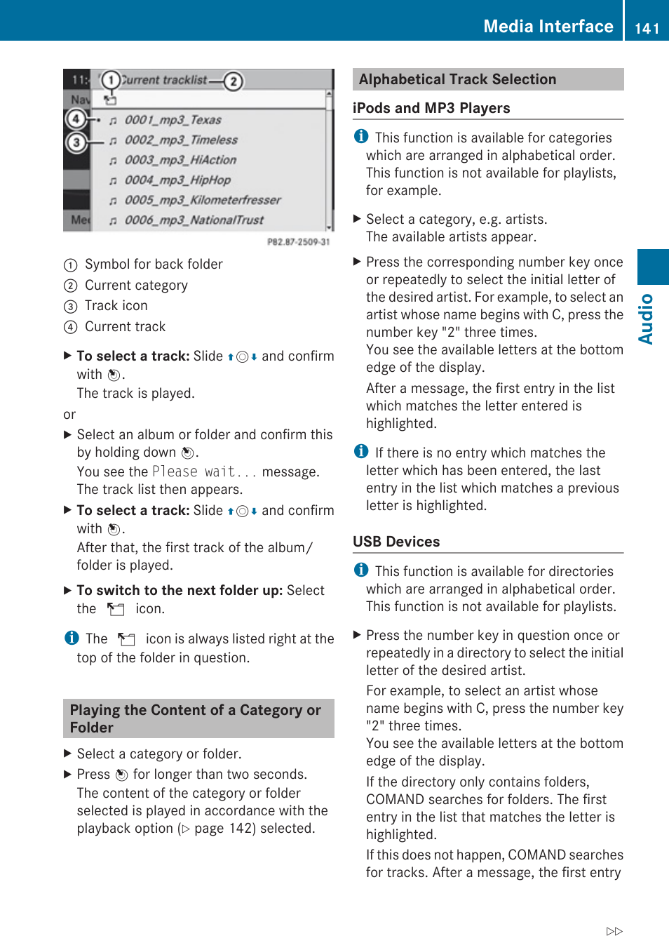 Playing the content of a category or folder, Alphabetical track selection, Audio | Media interface | Mercedes-Benz C-Class 2010 COMAND Manual User Manual | Page 143 / 212