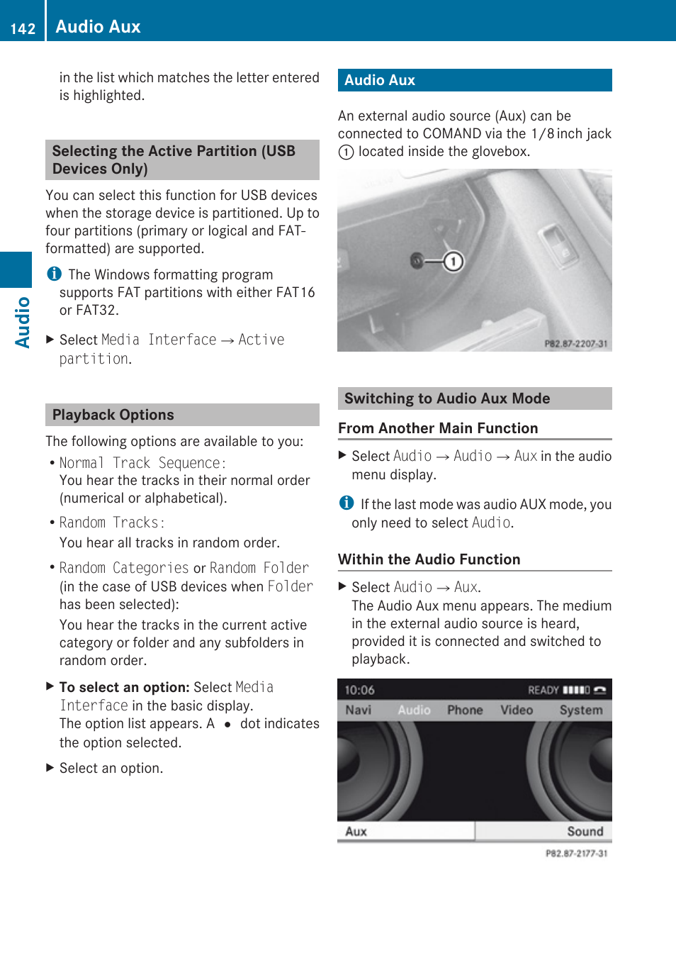 Selecting the active partition (usb devices only), Playback options, Audio aux | Switching to audio aux mode, Aux mode, Audio | Mercedes-Benz C-Class 2010 COMAND Manual User Manual | Page 144 / 212