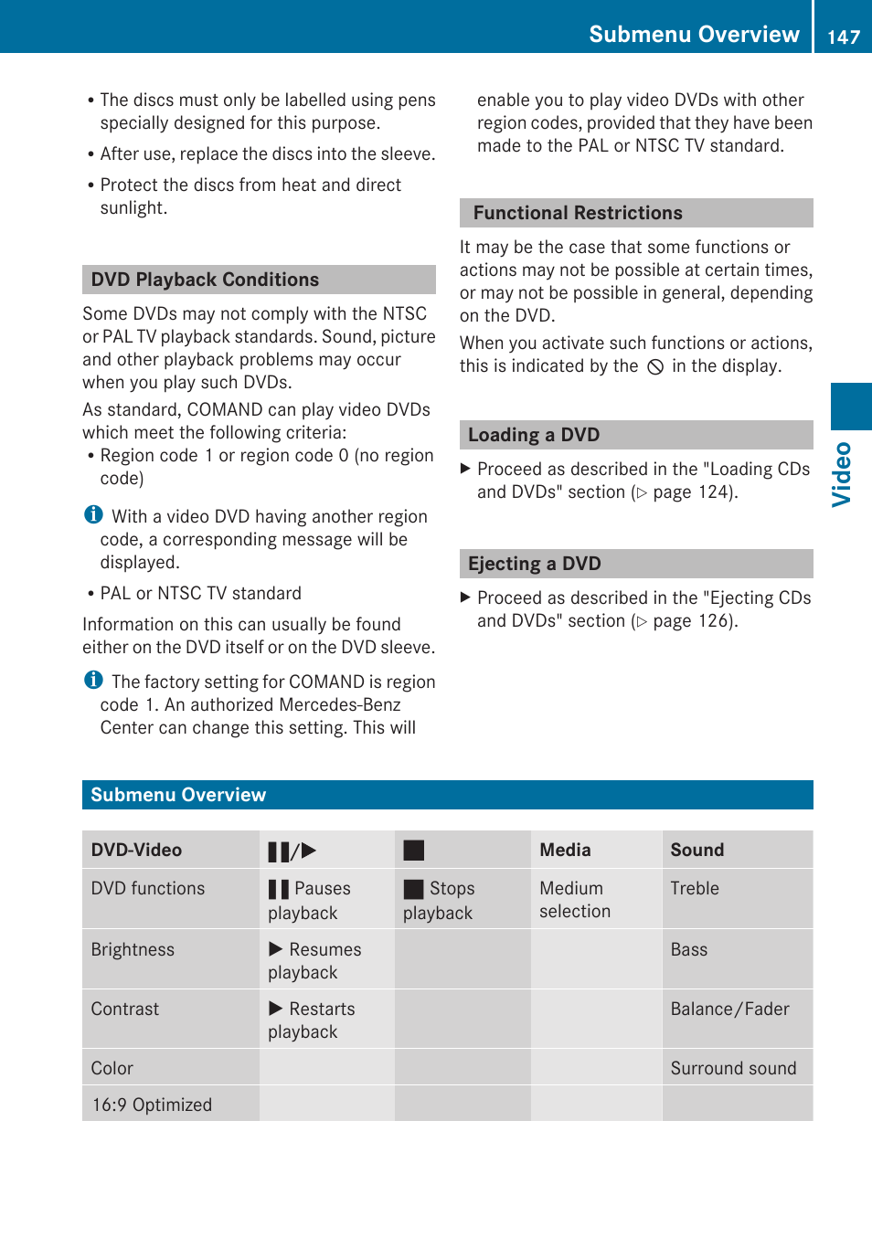 Dvd playback conditions, Functional restrictions, Loading a dvd | Ejecting a dvd, Submenu overview, Video | Mercedes-Benz C-Class 2010 COMAND Manual User Manual | Page 149 / 212