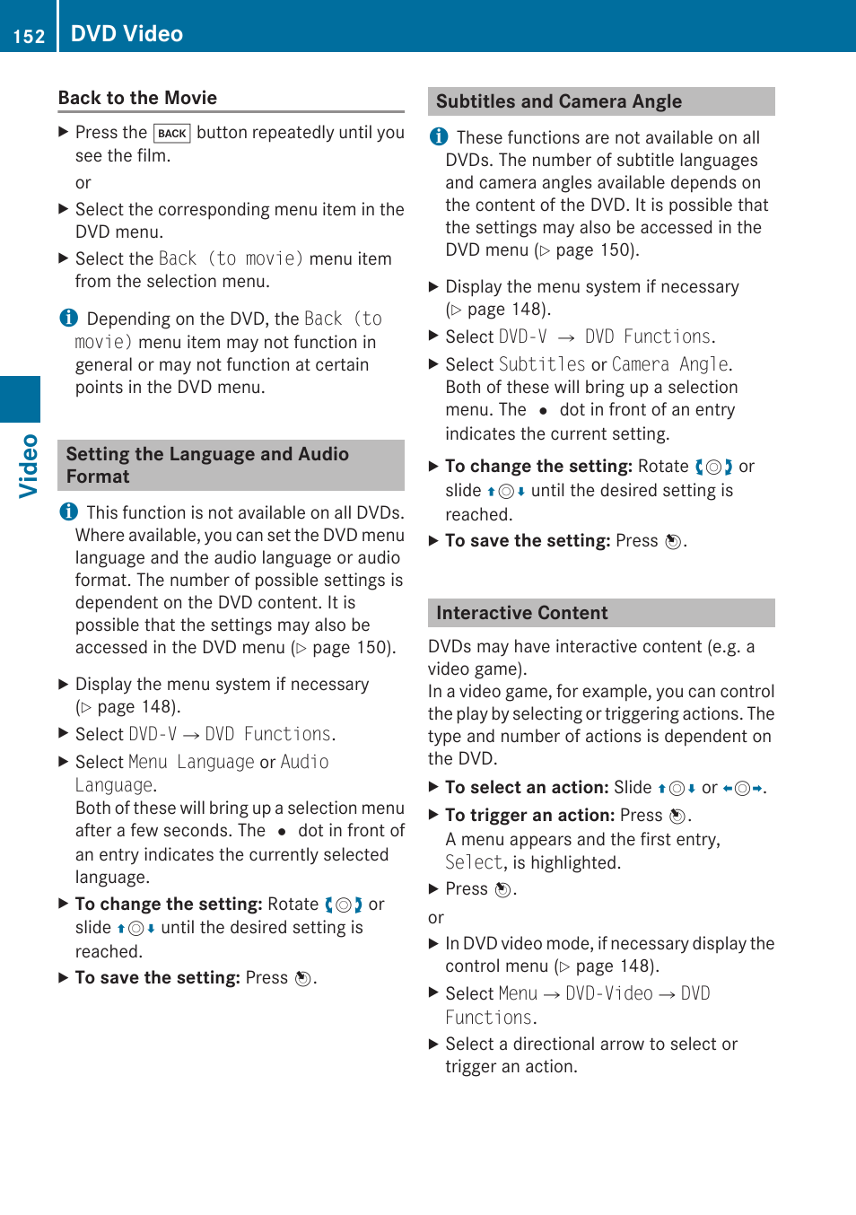 Setting the language and audio format, Subtitles and camera angle, Interactive content | Video, Dvd video | Mercedes-Benz C-Class 2010 COMAND Manual User Manual | Page 154 / 212