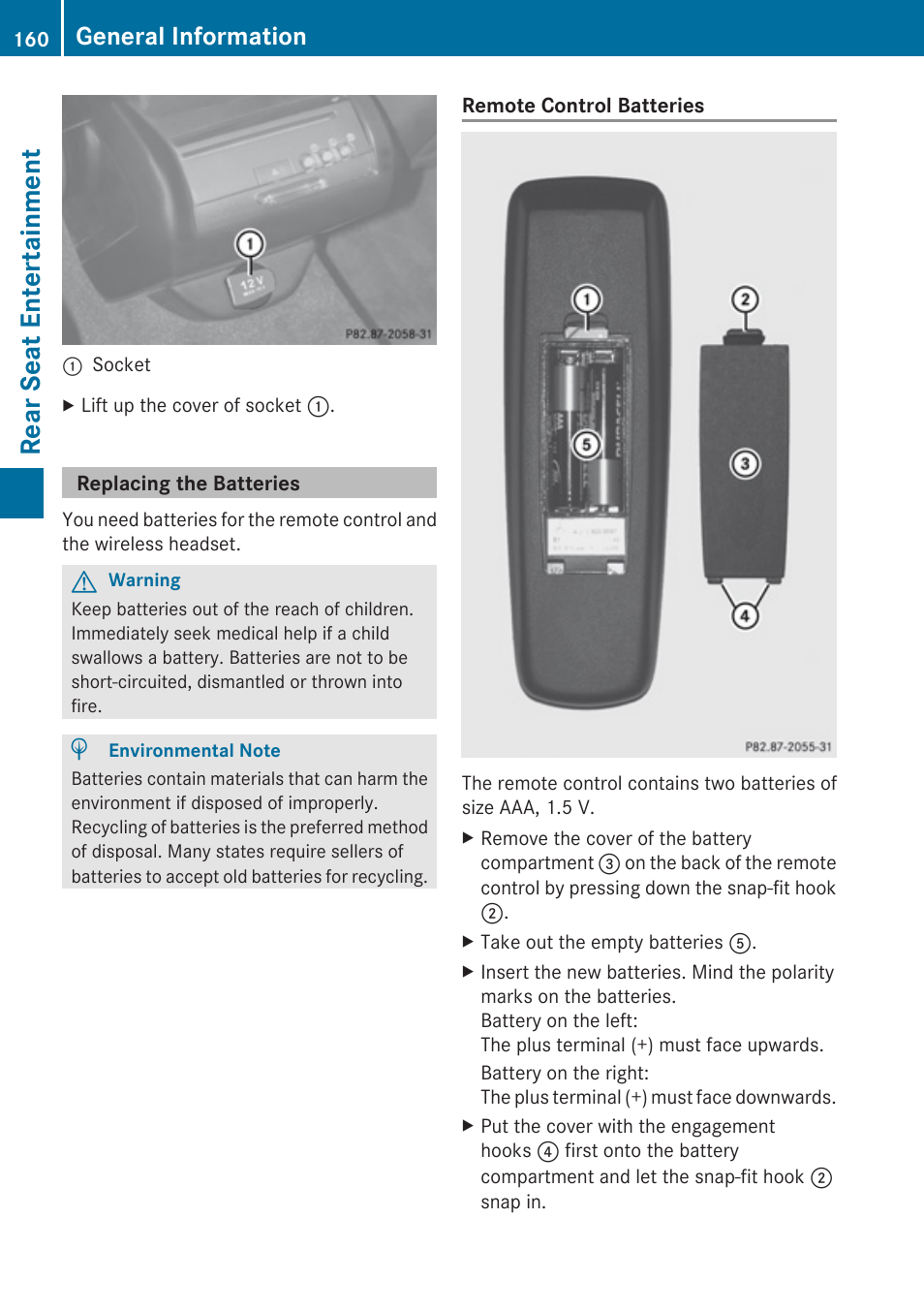 Replacing the batteries, Rear seat entertainment, General information | Mercedes-Benz C-Class 2010 COMAND Manual User Manual | Page 162 / 212