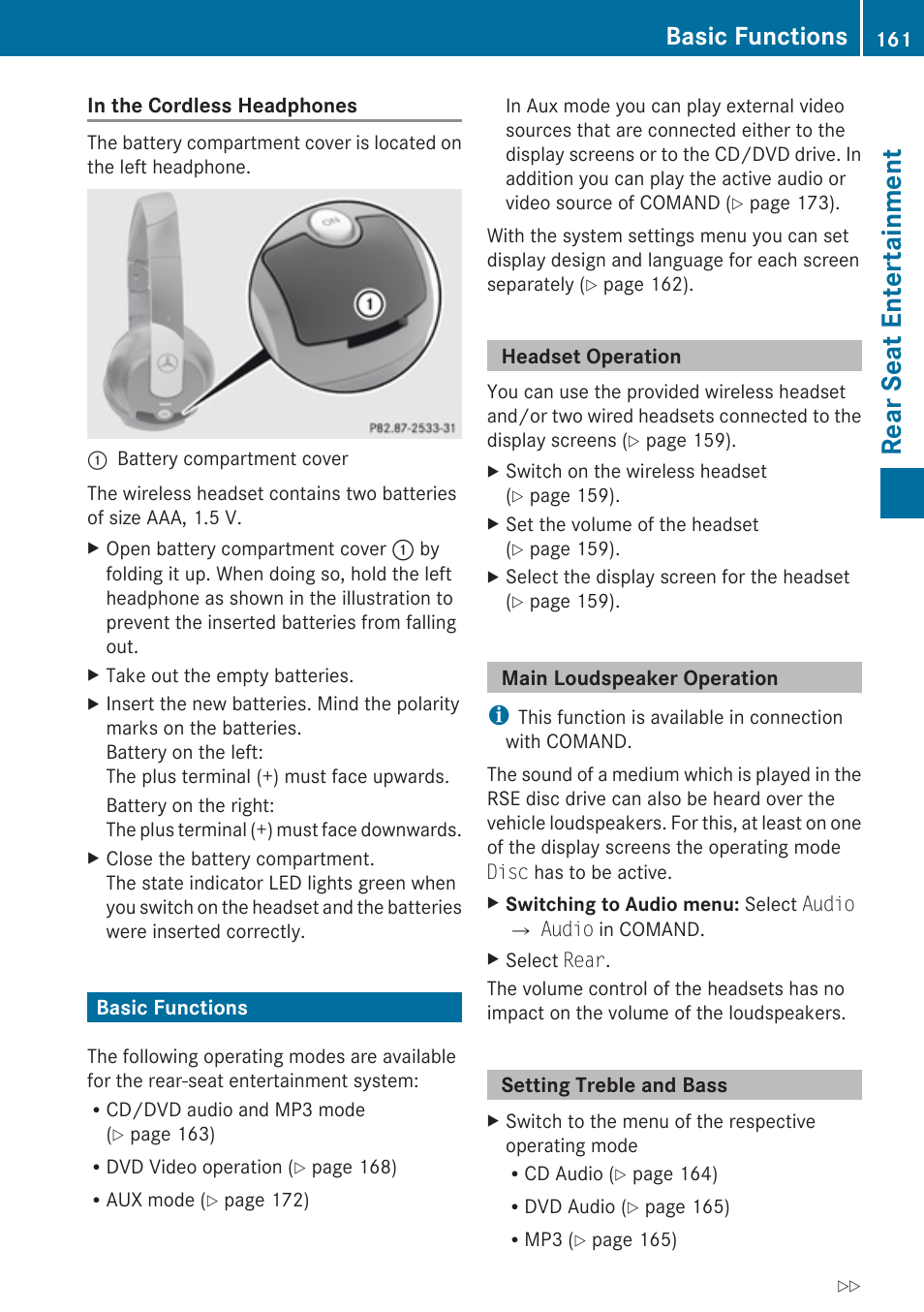 Basic functions, Headset operation, Main loudspeaker operation | Setting treble and bass, Rear seat entertainment | Mercedes-Benz C-Class 2010 COMAND Manual User Manual | Page 163 / 212