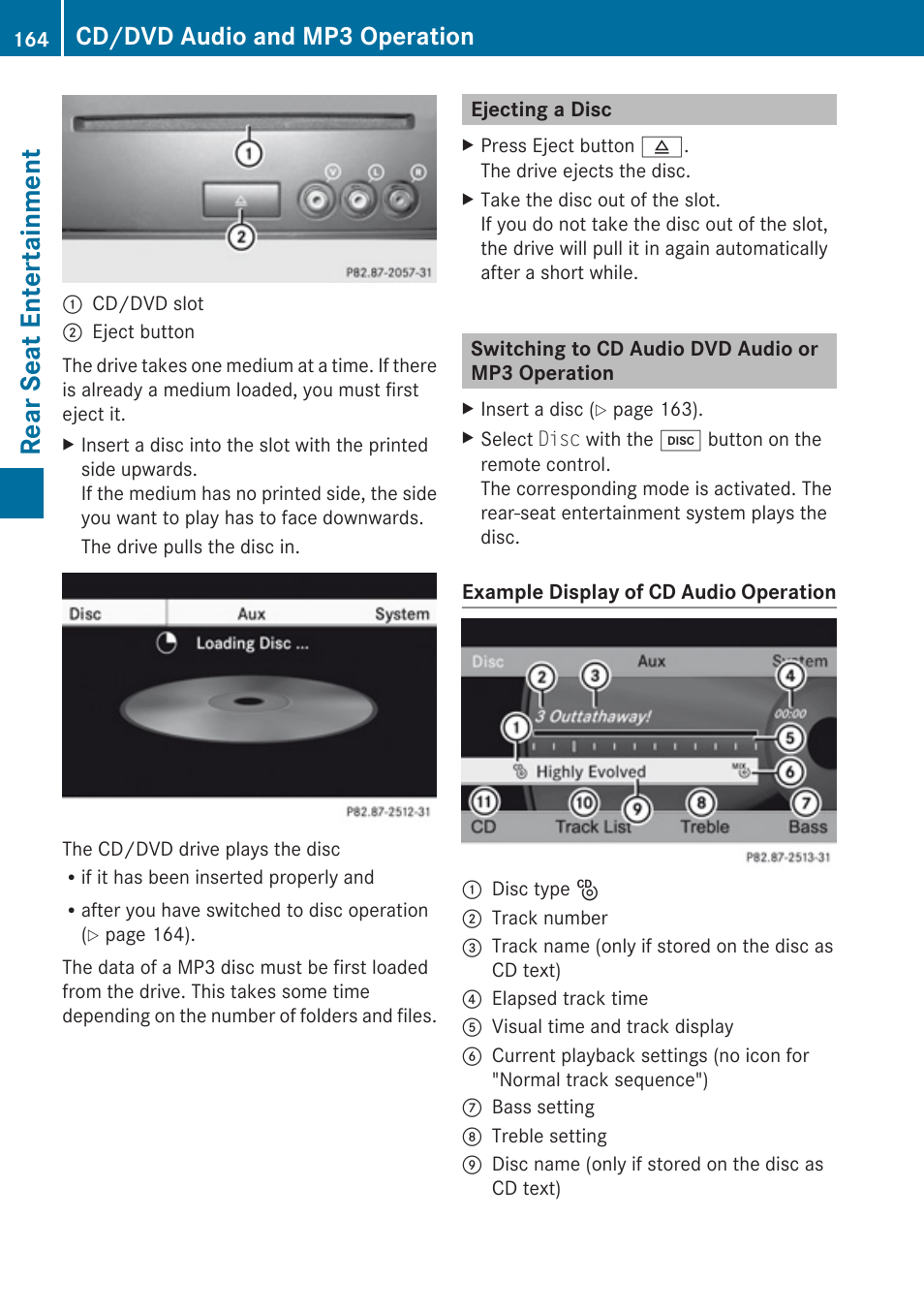 Ejecting a disc, Switching to cd audio dvd audio or mp3 operation, Cd audio | Rear seat entertainment, Cd/dvd audio and mp3 operation | Mercedes-Benz C-Class 2010 COMAND Manual User Manual | Page 166 / 212