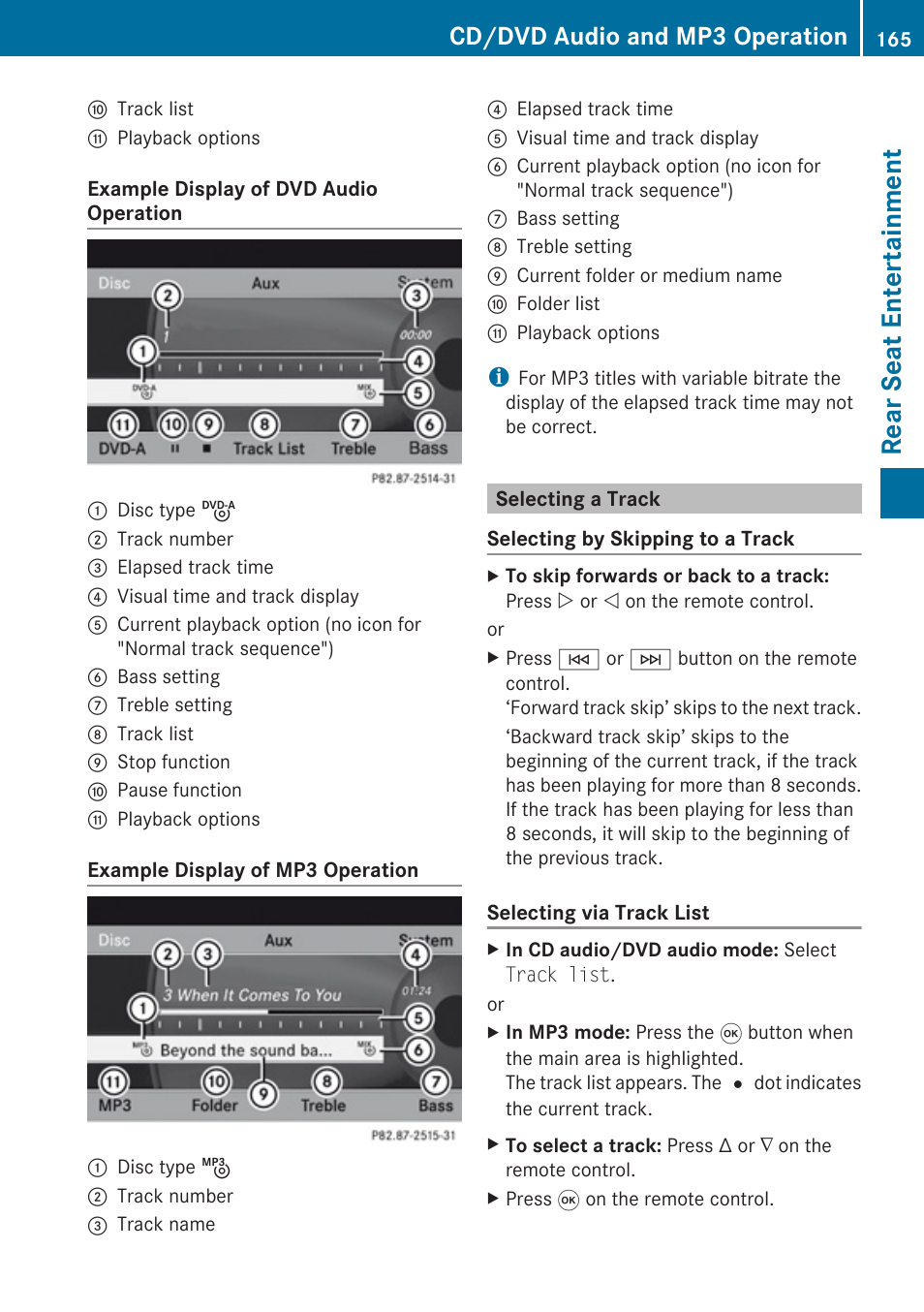 Selecting a track, Dvd audio, Rear seat entertainment | Cd/dvd audio and mp3 operation | Mercedes-Benz C-Class 2010 COMAND Manual User Manual | Page 167 / 212