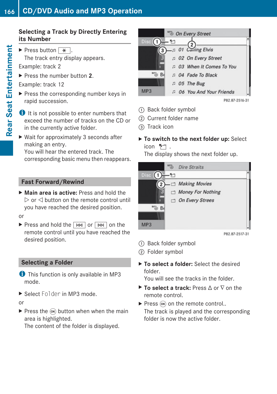 Fast forward/rewind, Selecting a folder, Rear seat entertainment | Cd/dvd audio and mp3 operation | Mercedes-Benz C-Class 2010 COMAND Manual User Manual | Page 168 / 212