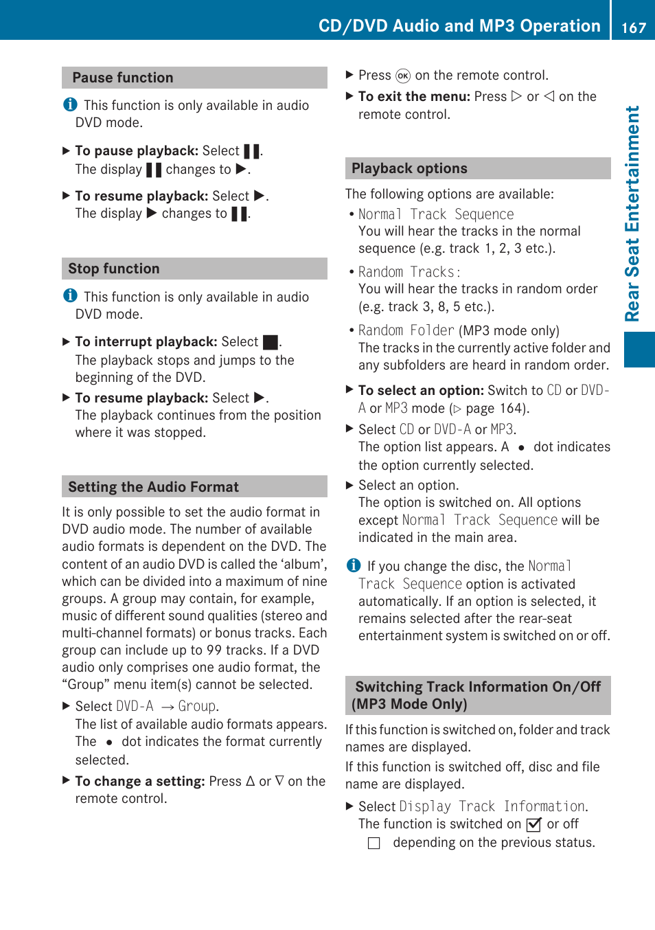 Pause function, Stop function, Setting the audio format | Playback options, Switching track information on/off (mp3 mode only), Rear seat entertainment, Cd/dvd audio and mp3 operation | Mercedes-Benz C-Class 2010 COMAND Manual User Manual | Page 169 / 212