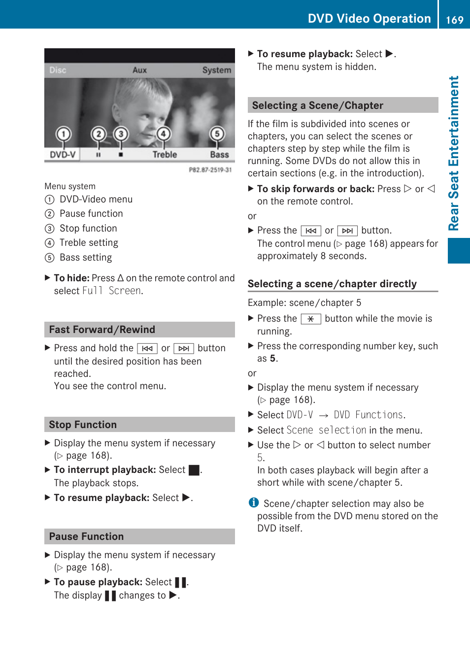 Fast forward/rewind, Stop function, Pause function | Selecting a scene/chapter, Rear seat entertainment, Dvd video operation | Mercedes-Benz C-Class 2010 COMAND Manual User Manual | Page 171 / 212