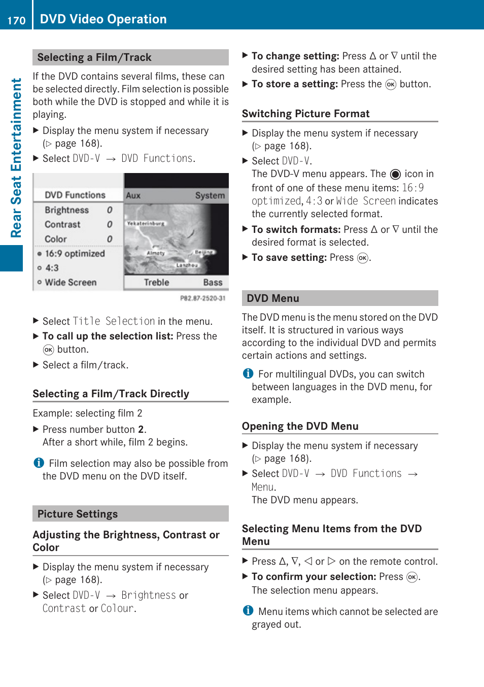 Selecting a film/track, Picture settings, Dvd menu | Rear seat entertainment, Dvd video operation | Mercedes-Benz C-Class 2010 COMAND Manual User Manual | Page 172 / 212
