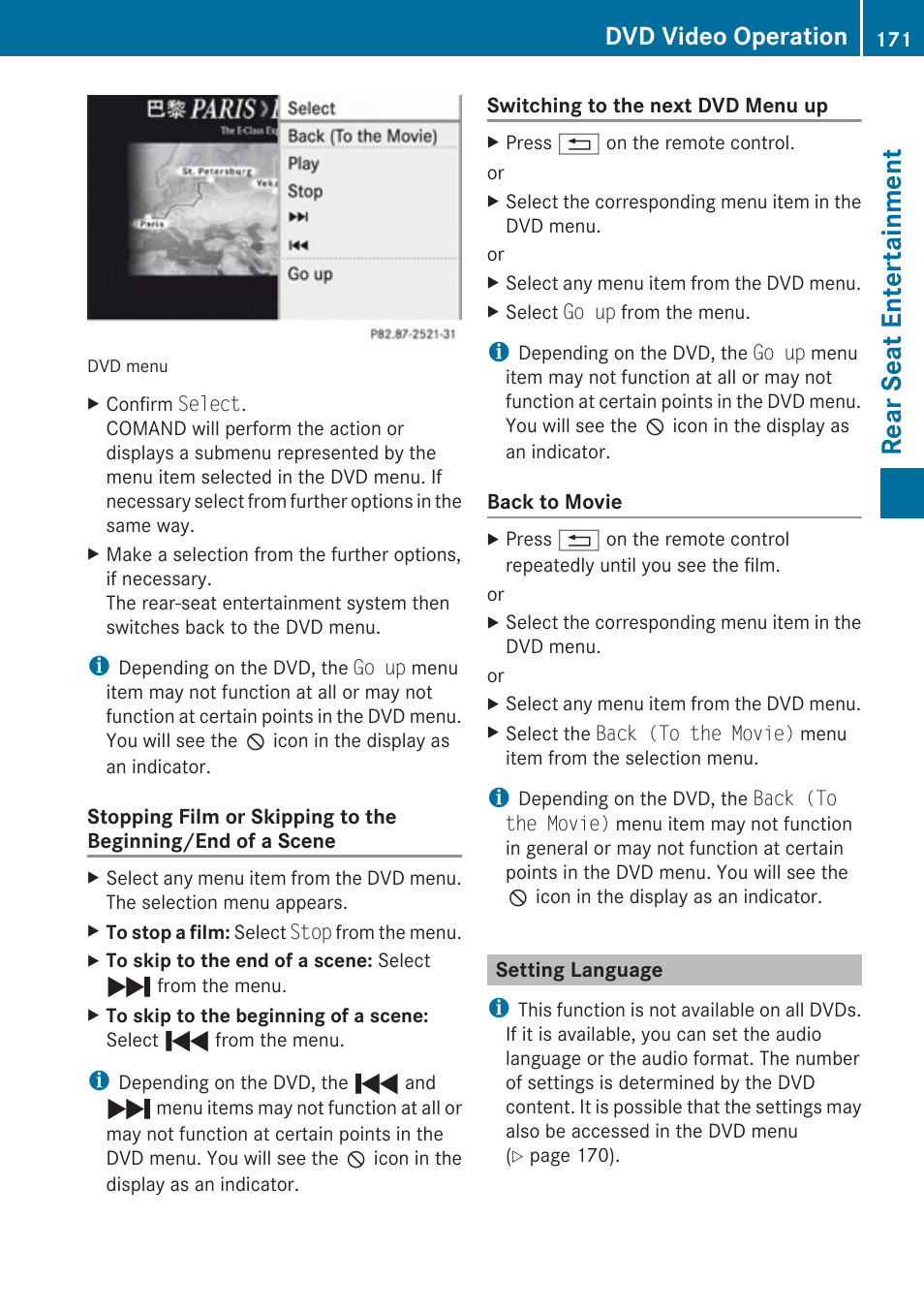 Setting language, Rear seat entertainment, Dvd video operation | Mercedes-Benz C-Class 2010 COMAND Manual User Manual | Page 173 / 212
