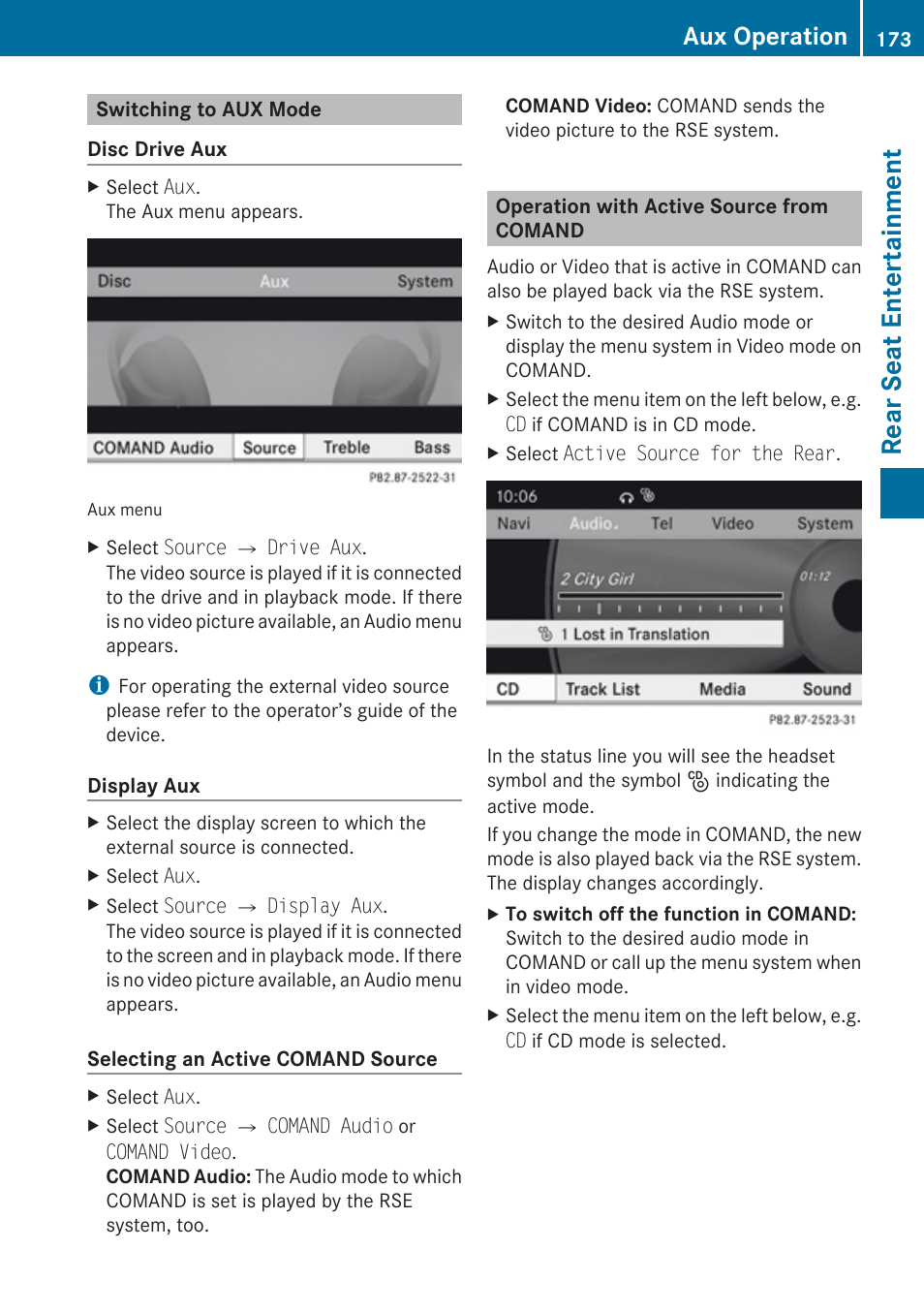 Switching to aux mode, Operation with active source from comand, Video source of comand | Rear seat entertainment, Aux operation | Mercedes-Benz C-Class 2010 COMAND Manual User Manual | Page 175 / 212