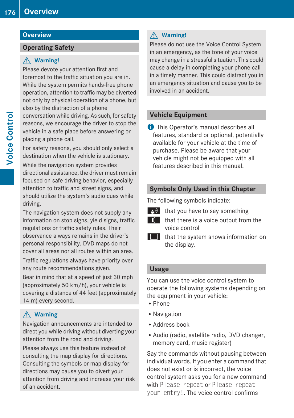 Voice control, Overview, Operating safety | Vehicle equipment, Symbols only used in this chapter, Usage | Mercedes-Benz C-Class 2010 COMAND Manual User Manual | Page 178 / 212