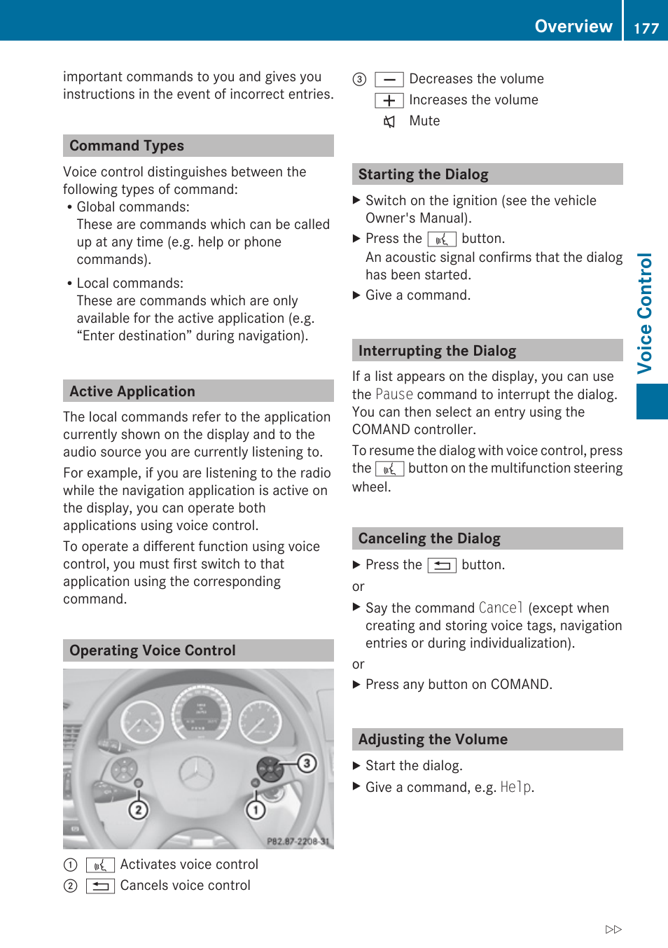 Command types, Active application, Operating voice control | Starting the dialog, Interrupting the dialog, Canceling the dialog, Adjusting the volume, Voice control, Overview | Mercedes-Benz C-Class 2010 COMAND Manual User Manual | Page 179 / 212