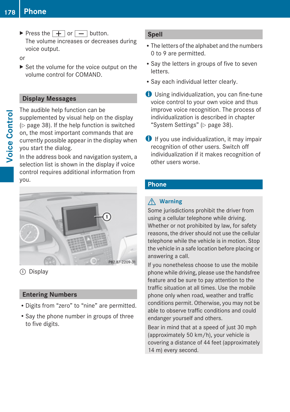Display messages, Entering numbers, Spell | Phone, Voice control | Mercedes-Benz C-Class 2010 COMAND Manual User Manual | Page 180 / 212