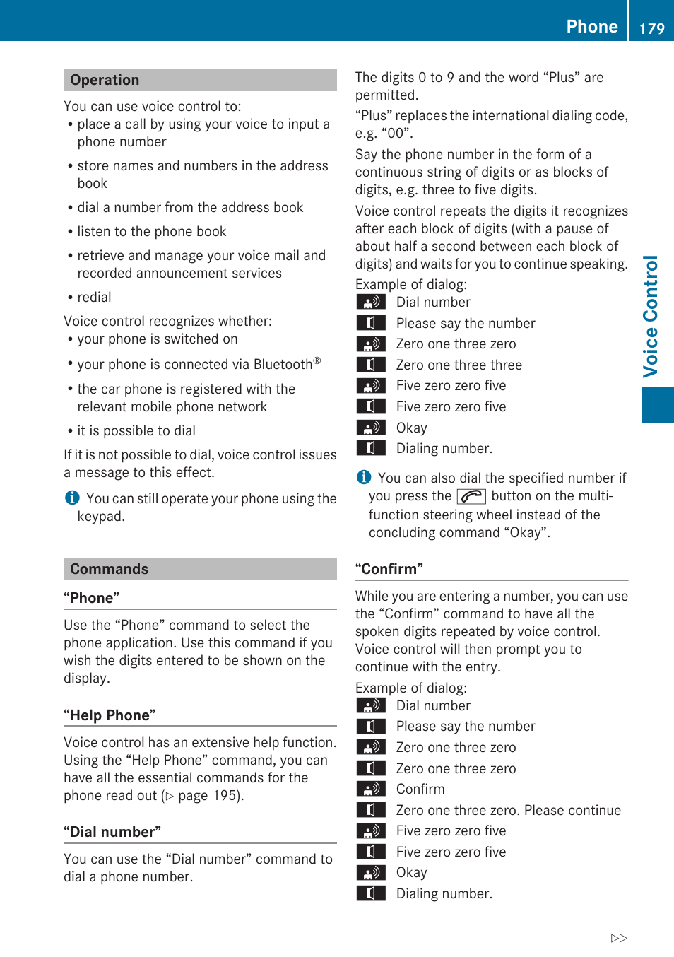 Operation, Commands, Voice control | Phone | Mercedes-Benz C-Class 2010 COMAND Manual User Manual | Page 181 / 212