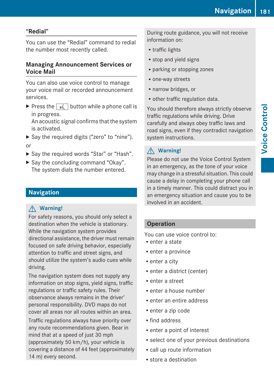 Navigation, Operation, Voice control | Mercedes-Benz C-Class 2010 COMAND Manual User Manual | Page 183 / 212