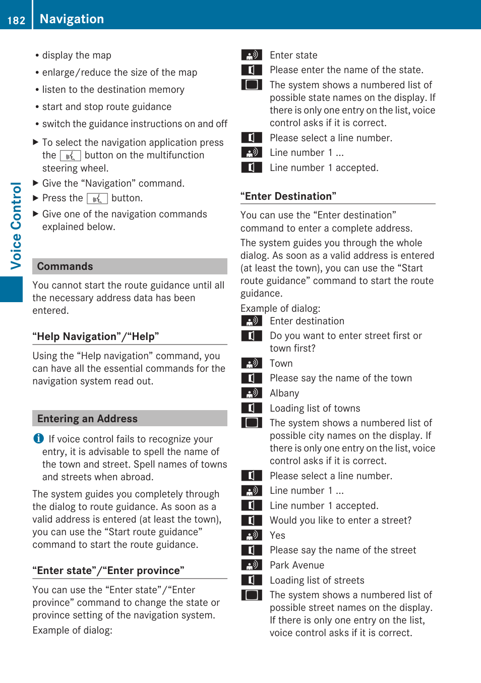 Commands, Entering an address, Voice control | Navigation | Mercedes-Benz C-Class 2010 COMAND Manual User Manual | Page 184 / 212