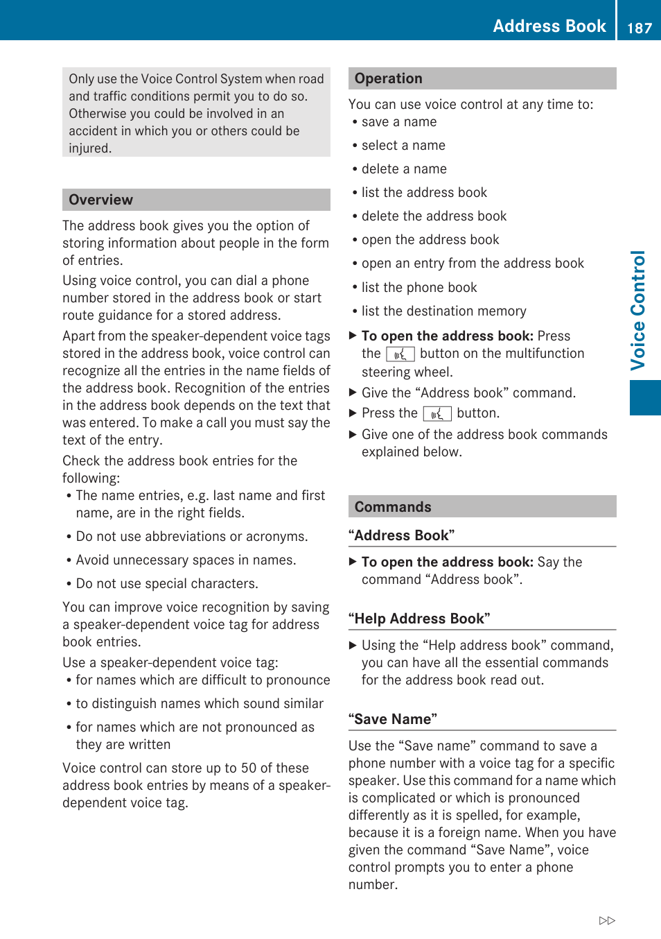Overview, Operation, Commands | Voice control, Address book | Mercedes-Benz C-Class 2010 COMAND Manual User Manual | Page 189 / 212