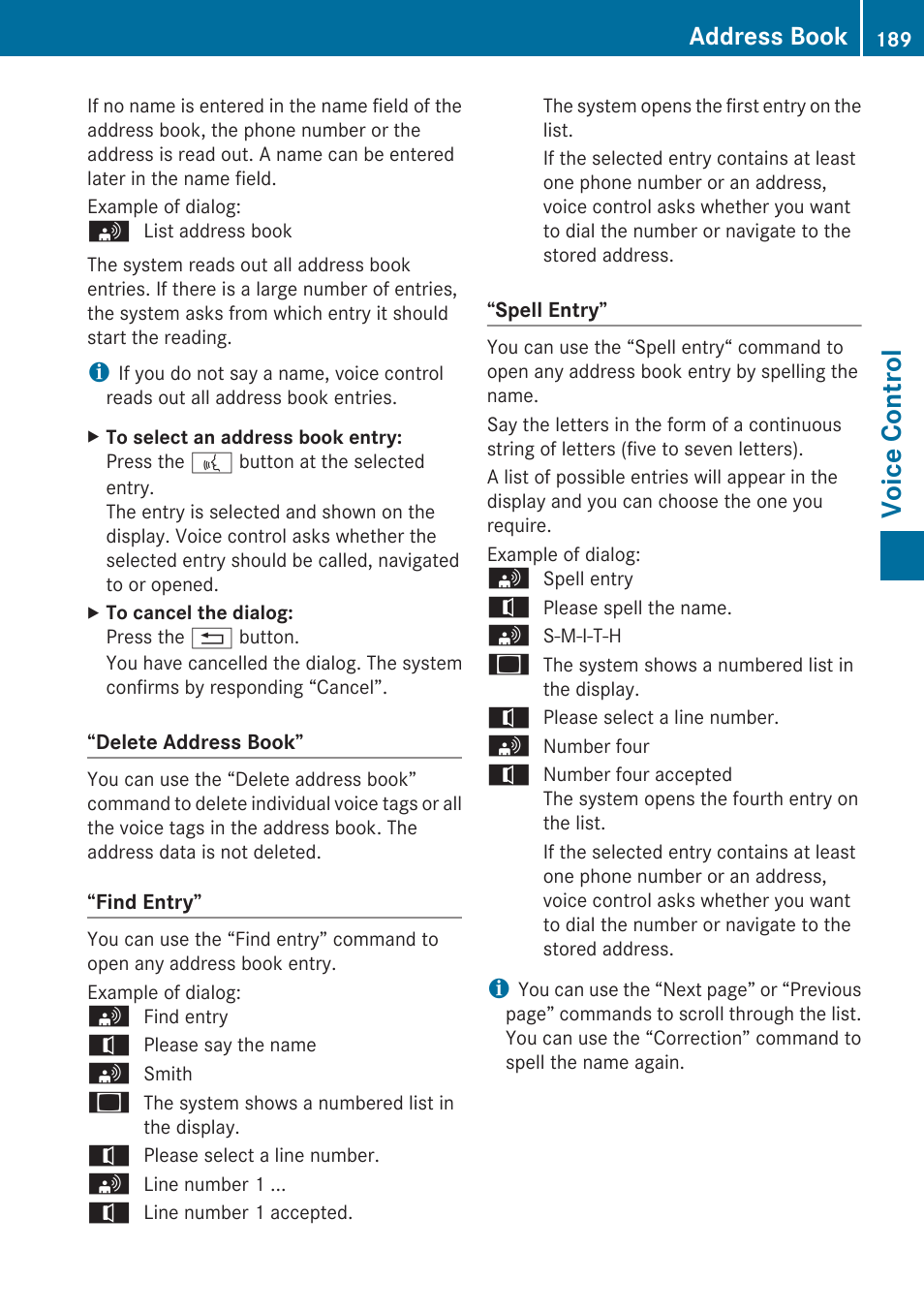 Voice control, Address book | Mercedes-Benz C-Class 2010 COMAND Manual User Manual | Page 191 / 212