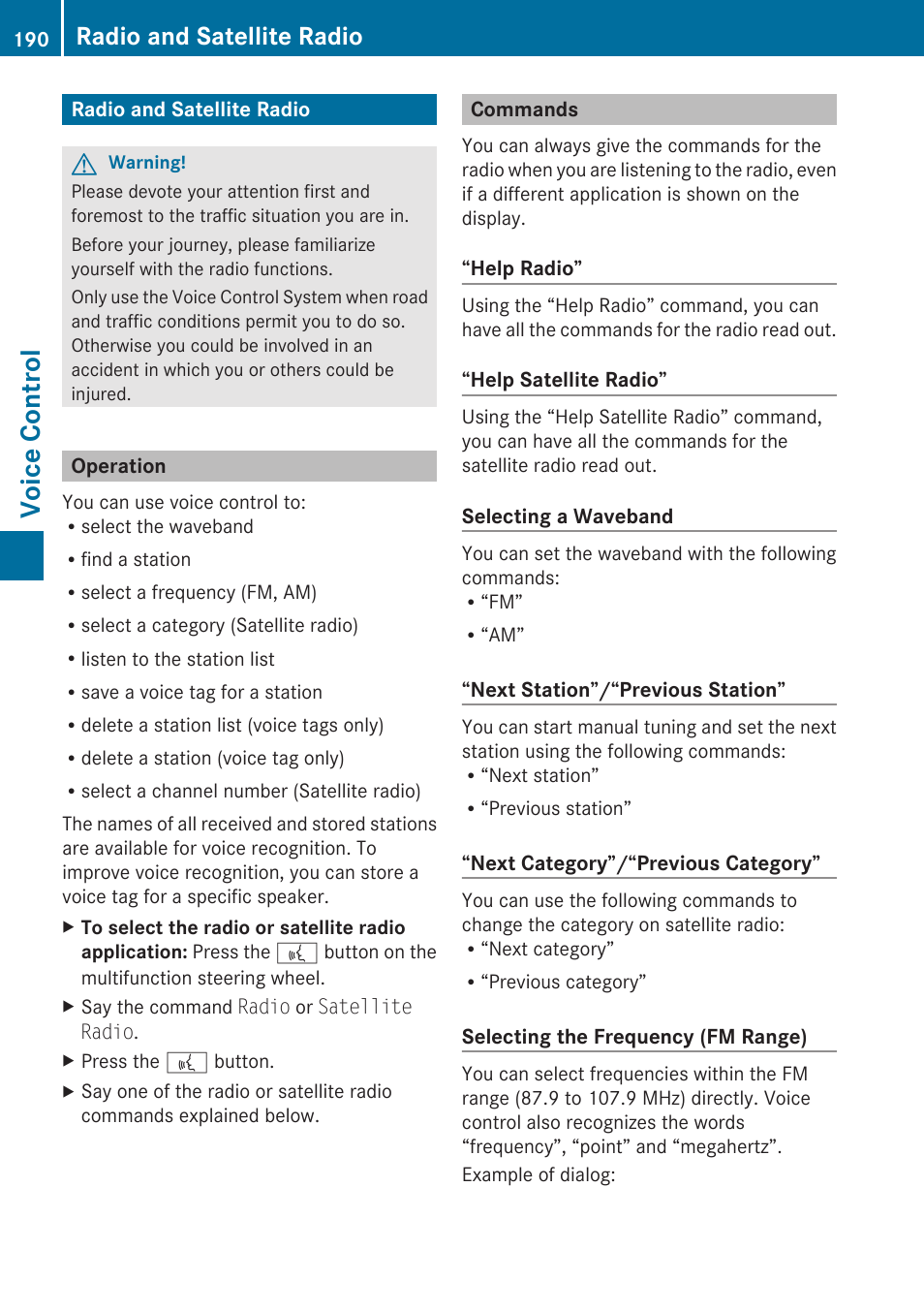 Radio and satellite radio, Operation, Commands | Voice control | Mercedes-Benz C-Class 2010 COMAND Manual User Manual | Page 192 / 212