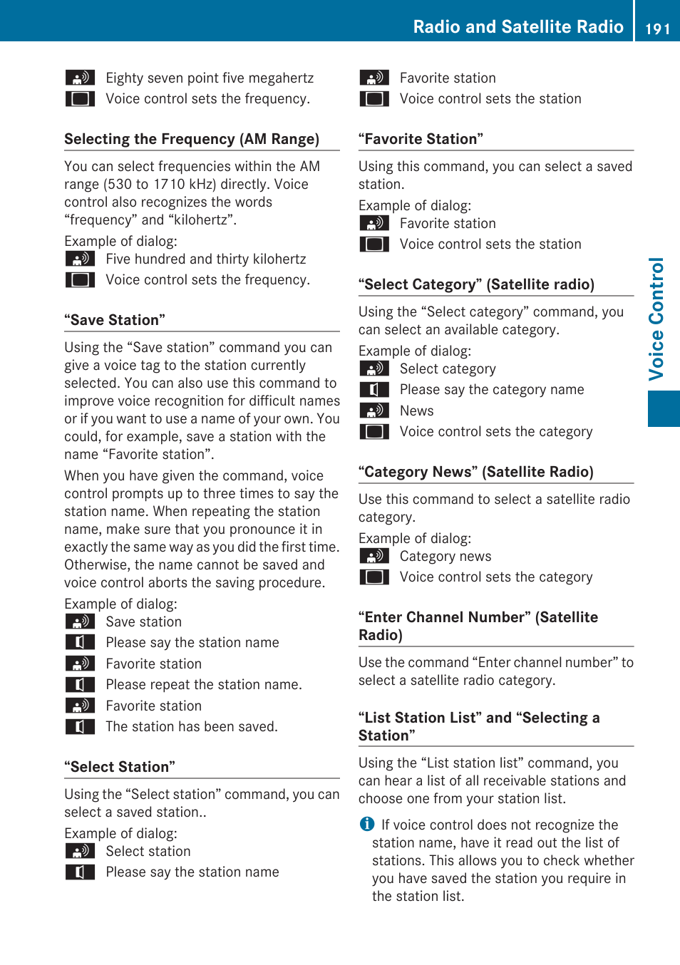 Voice control, Radio and satellite radio | Mercedes-Benz C-Class 2010 COMAND Manual User Manual | Page 193 / 212