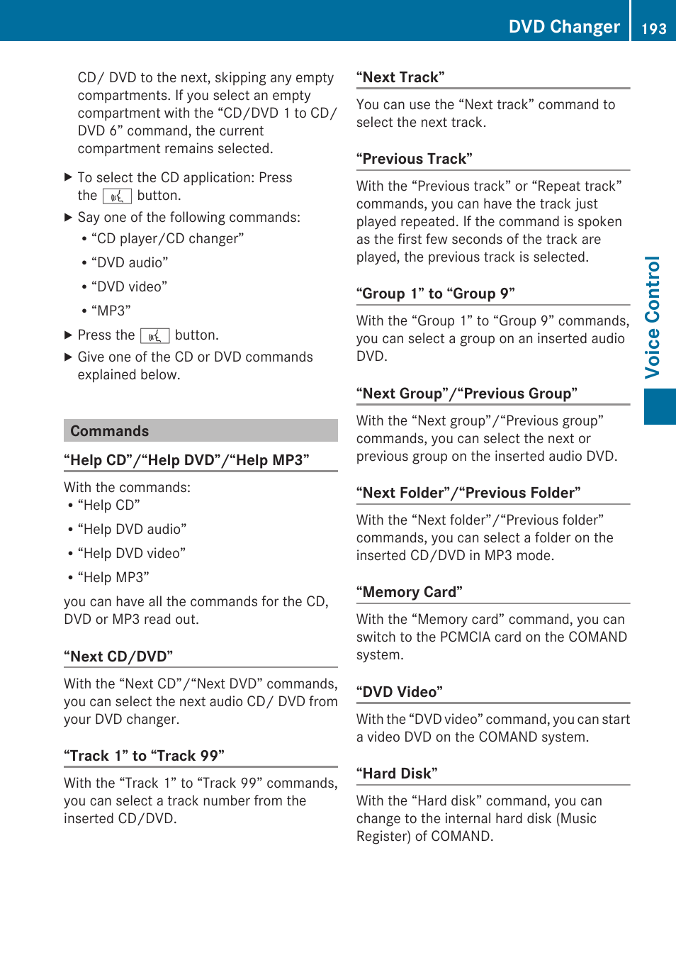 Commands, Voice control, Dvd changer | Mercedes-Benz C-Class 2010 COMAND Manual User Manual | Page 195 / 212