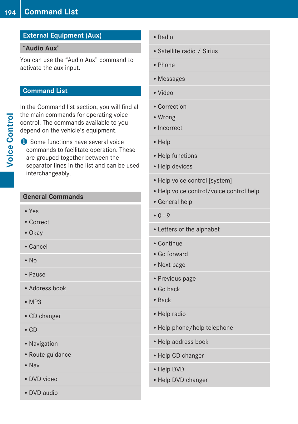 External equipment (aux), Audio aux, Command list | General commands, Voice control, External equipment (aux) “audio aux | Mercedes-Benz C-Class 2010 COMAND Manual User Manual | Page 196 / 212