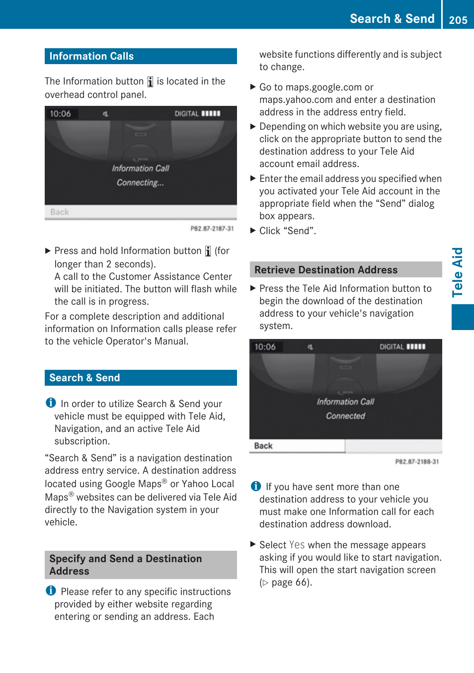 Information calls, Search & send, Specify and send a destination address | Retrieve destination address, Tele aid | Mercedes-Benz C-Class 2010 COMAND Manual User Manual | Page 207 / 212