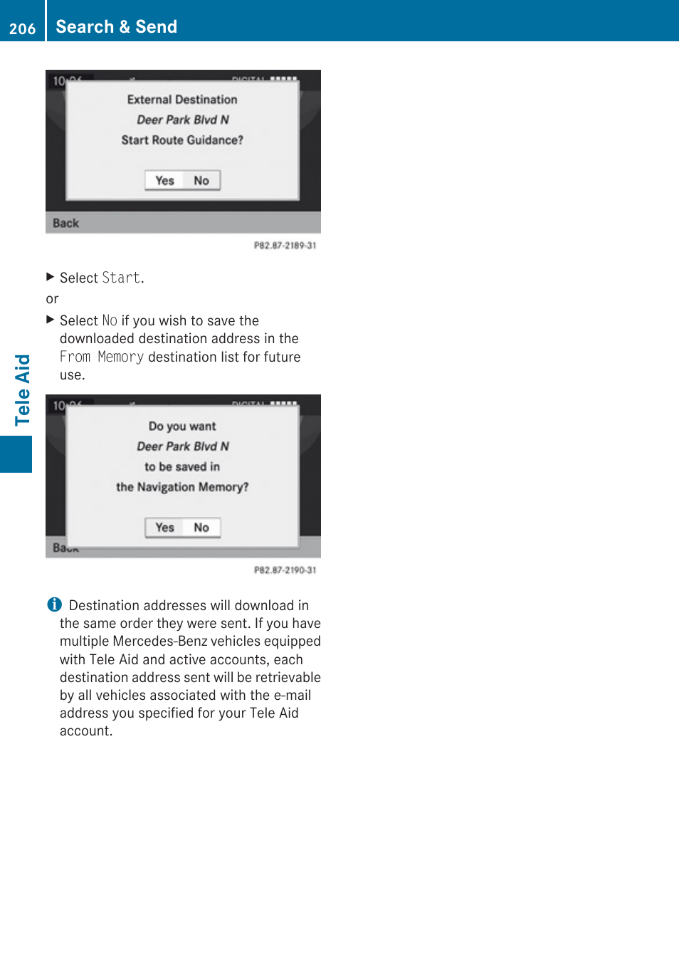Tele aid, Search & send | Mercedes-Benz C-Class 2010 COMAND Manual User Manual | Page 208 / 212