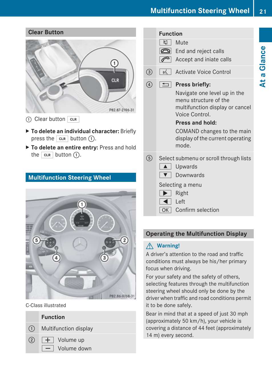 Clear button, Multifunction steering wheel, Operating the multifunction display | At a glance | Mercedes-Benz C-Class 2010 COMAND Manual User Manual | Page 23 / 212