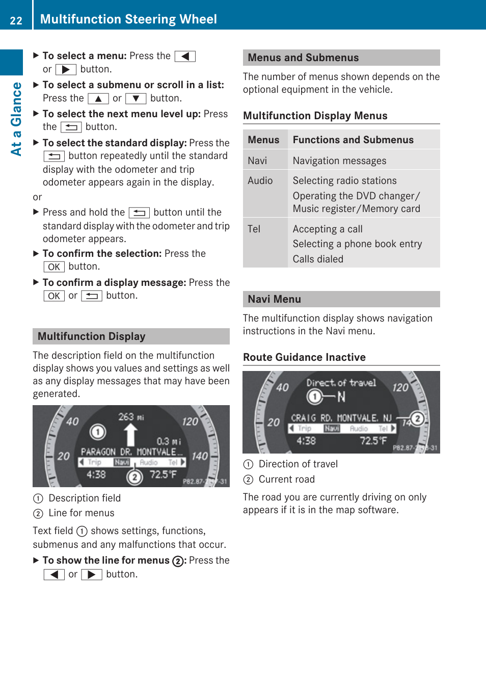 Multifunction display, Menus and submenus, Navi menu | At a glance, Multifunction steering wheel | Mercedes-Benz C-Class 2010 COMAND Manual User Manual | Page 24 / 212