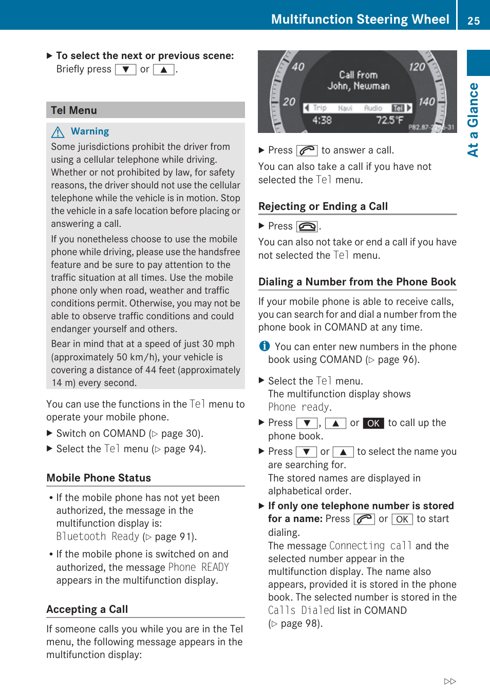 Tel menu, At a glance, Multifunction steering wheel | Mercedes-Benz C-Class 2010 COMAND Manual User Manual | Page 27 / 212