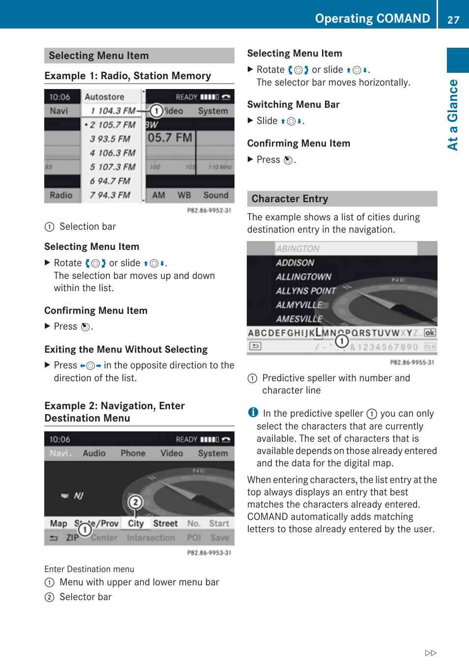 Selecting menu item, Character entry, At a glance | Operating comand | Mercedes-Benz C-Class 2010 COMAND Manual User Manual | Page 29 / 212