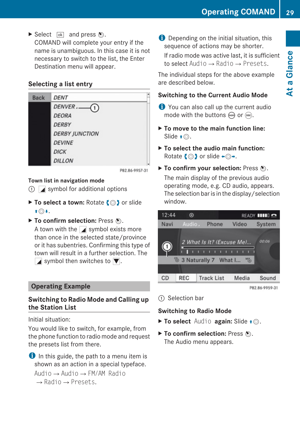 Operating example, At a glance, Operating comand | Mercedes-Benz C-Class 2010 COMAND Manual User Manual | Page 31 / 212