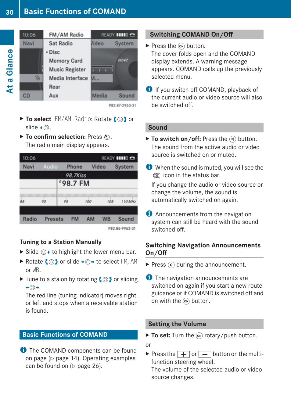 Basic functions of comand, Switching comand on/off, Sound | Setting the volume, Switch on comand, At a glance | Mercedes-Benz C-Class 2010 COMAND Manual User Manual | Page 32 / 212