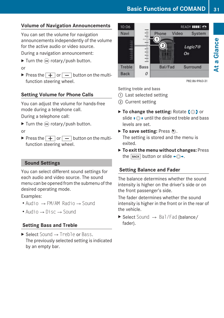 Sound settings, At a glance, Basic functions of comand | Mercedes-Benz C-Class 2010 COMAND Manual User Manual | Page 33 / 212