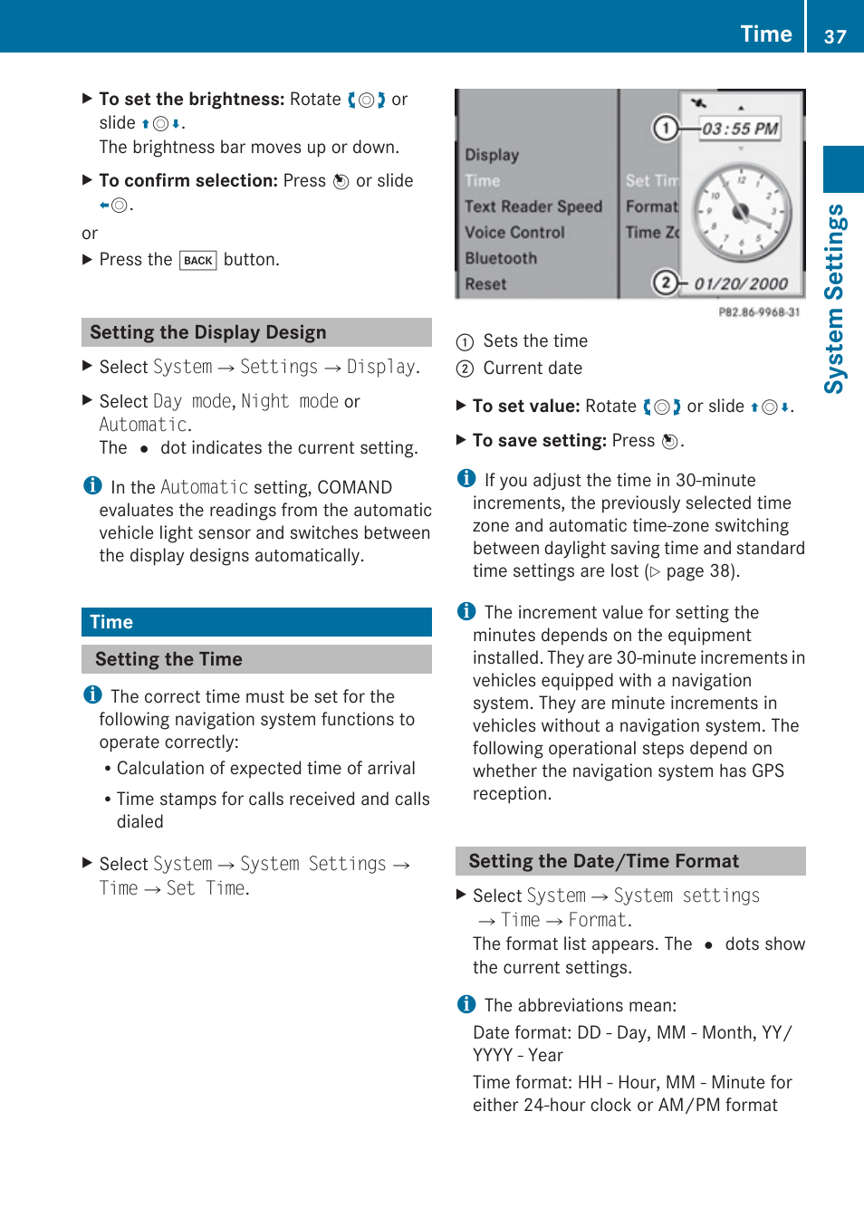Setting the display design, Time, Setting the time | Setting the date/time format, System settings | Mercedes-Benz C-Class 2010 COMAND Manual User Manual | Page 39 / 212