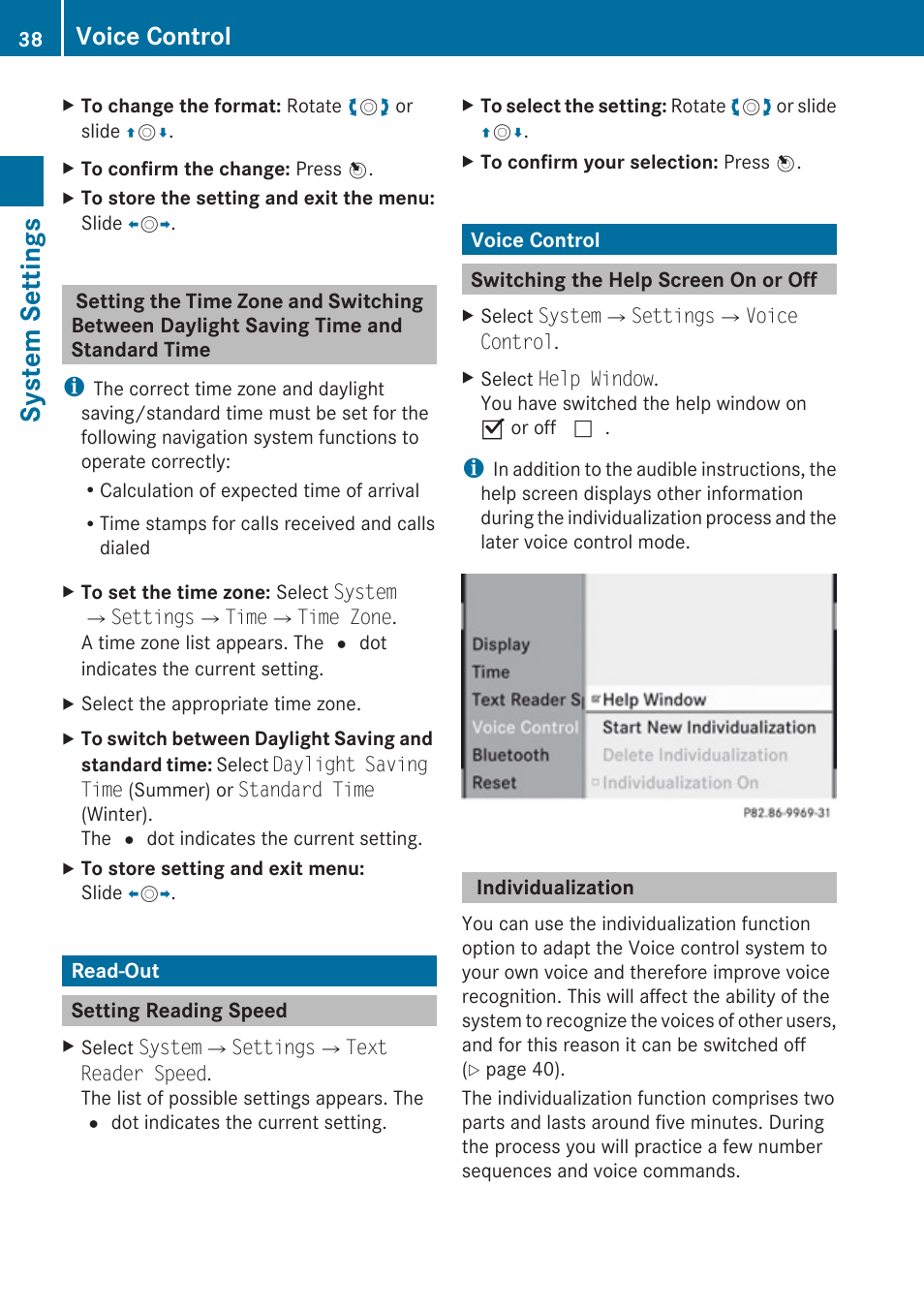 Read-out, Setting reading speed, Voice control | Switching the help screen on or off, Individualization, Control, System settings | Mercedes-Benz C-Class 2010 COMAND Manual User Manual | Page 40 / 212