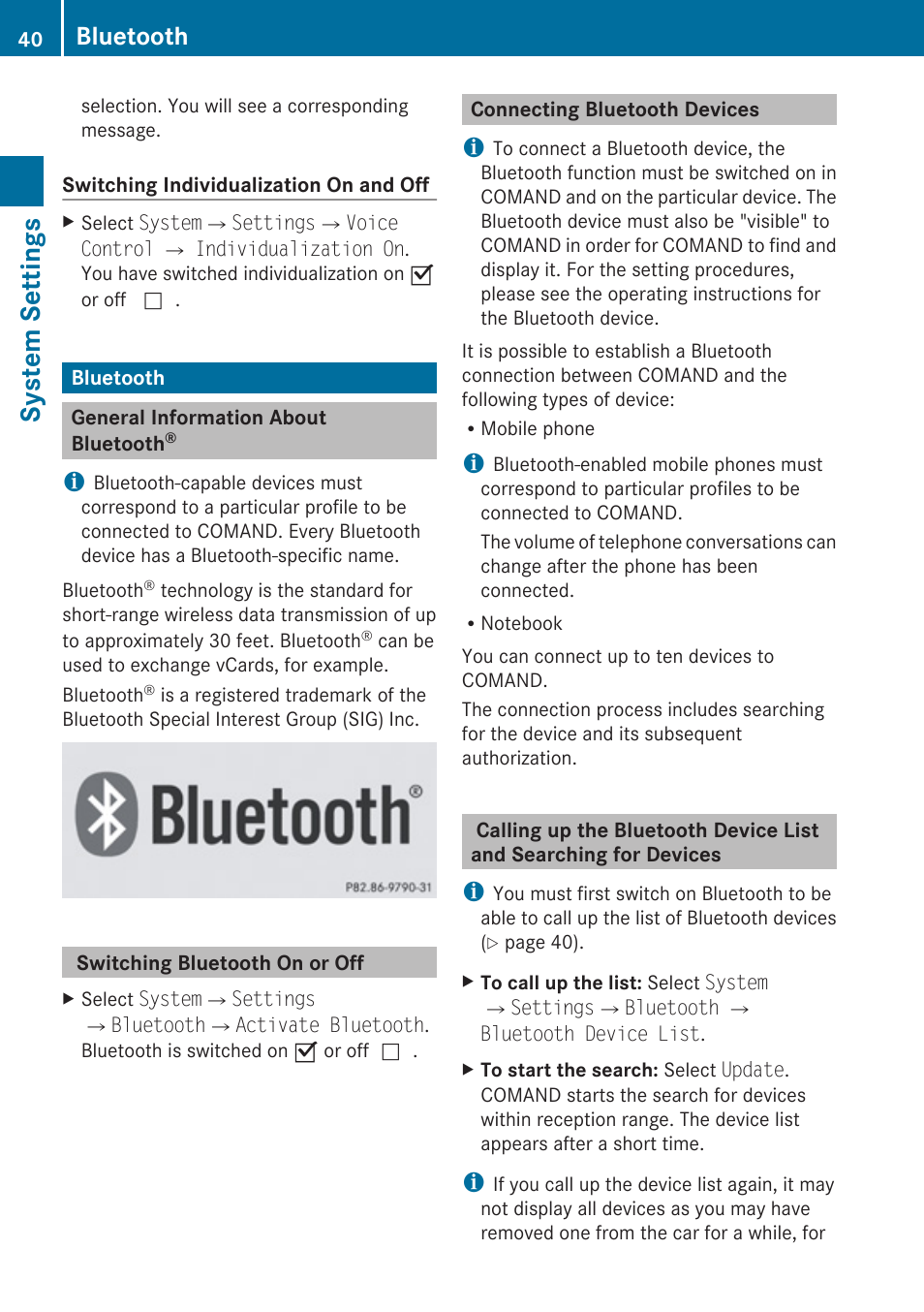 Bluetooth, General information about bluetooth, Switching bluetooth on or off | Connecting bluetooth devices, System settings | Mercedes-Benz C-Class 2010 COMAND Manual User Manual | Page 42 / 212