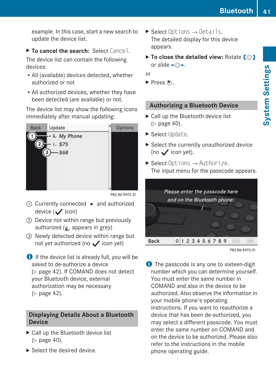 Displaying details about a bluetooth device, Authorizing a bluetooth device, System settings | Bluetooth | Mercedes-Benz C-Class 2010 COMAND Manual User Manual | Page 43 / 212