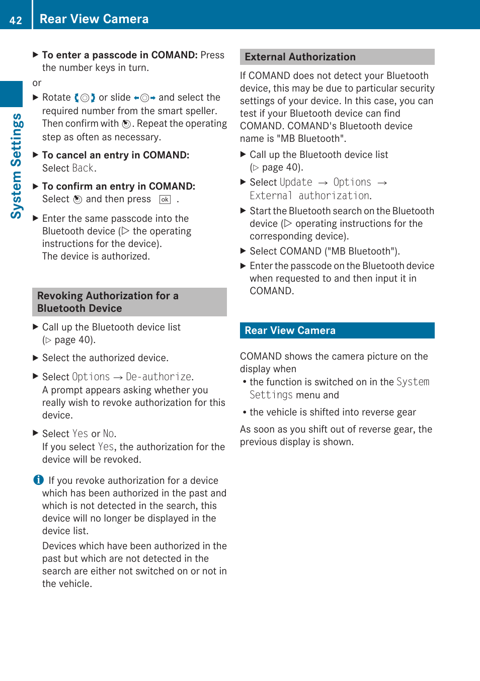 Revoking authorization for a bluetooth device, External authorization, Rear view camera | System settings | Mercedes-Benz C-Class 2010 COMAND Manual User Manual | Page 44 / 212